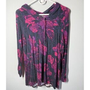 Soma Women Hoodie Small Purple Floral Ruched Long Sleeve Pullover Lounge Active
